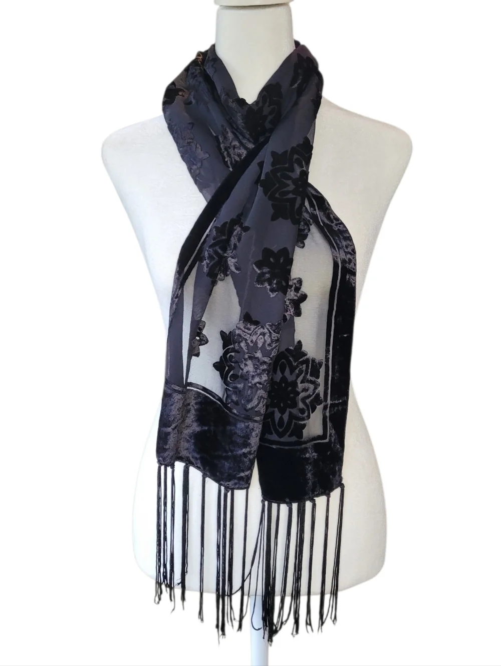 Whimsigoth Crushed Velvet Floral Sheer Lightweight Black Scarf W Long Fringe
